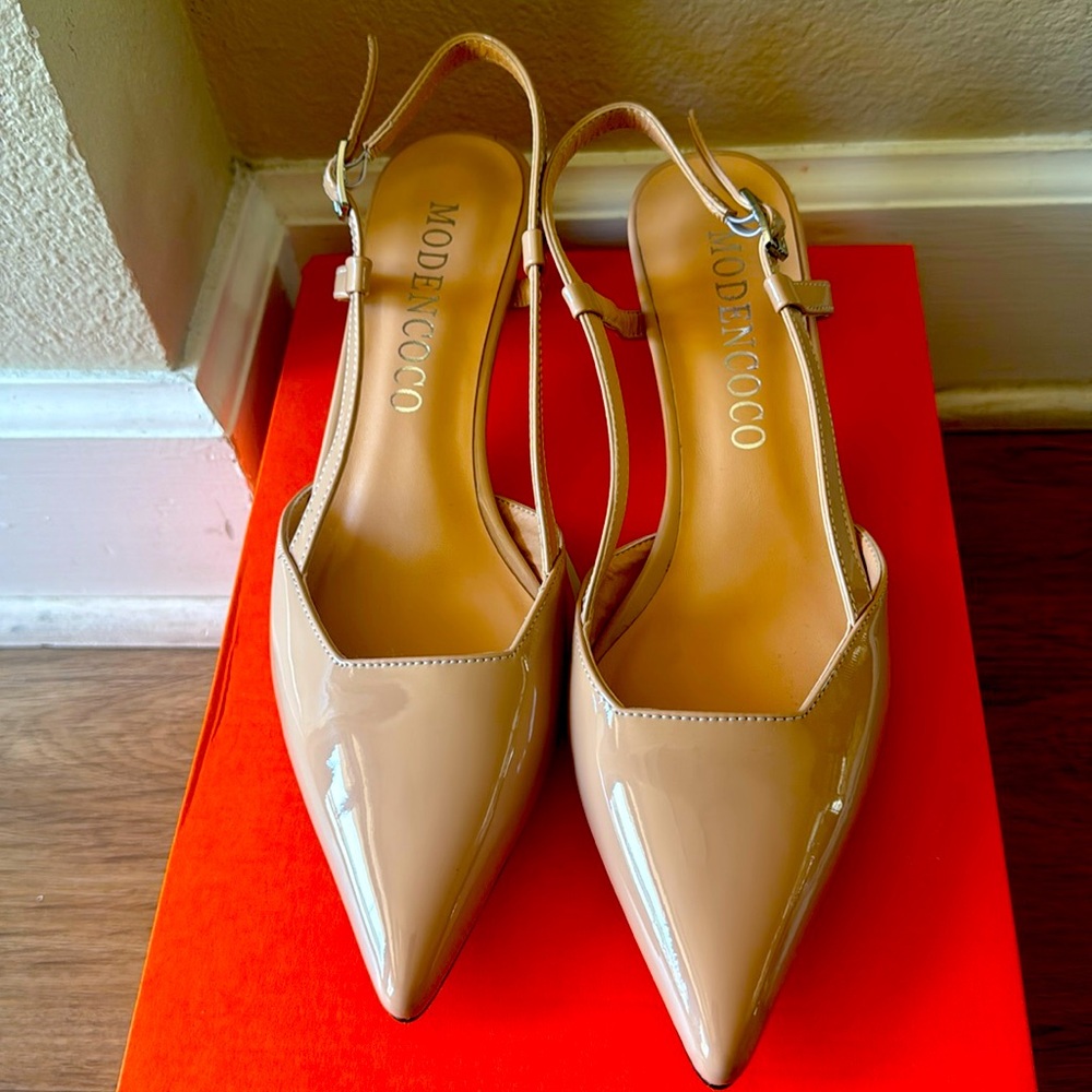 MODENCOCO Womens Stylish Slingback Fashion Patent Pointed Toe Buckle low Pumps